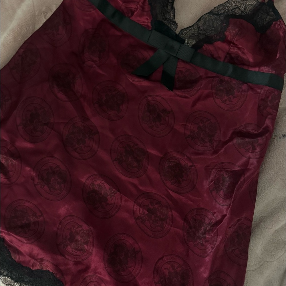Victoria's Secret Burgundy Satin Chemise with Black Lace Trim